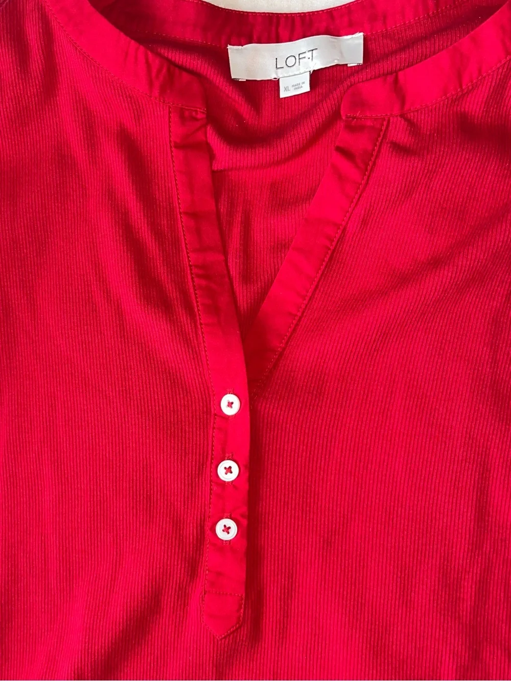 LOFT Red Henley Top with Plaid Puff Sleeves Mixed Media V Neck Buttons Sz XL